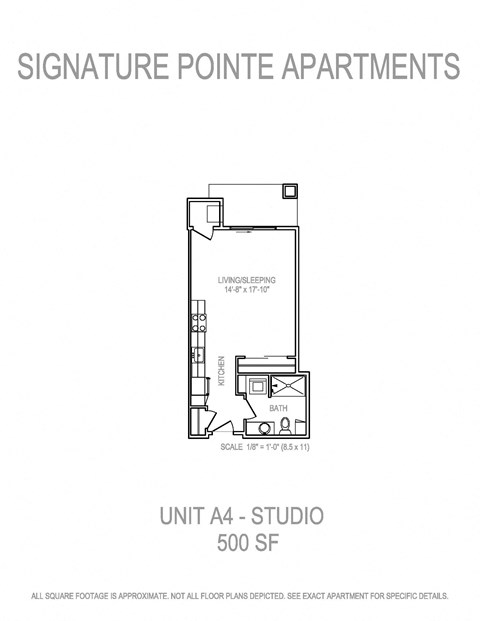 Floor plan for studio, 1 bath, 500 sqft
